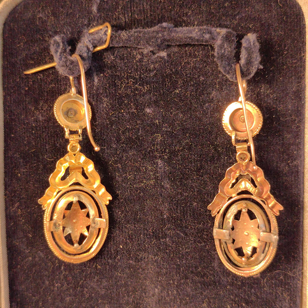 18k Yellow Gold Pearl Dangle Earrings: Antique Bow Star Design