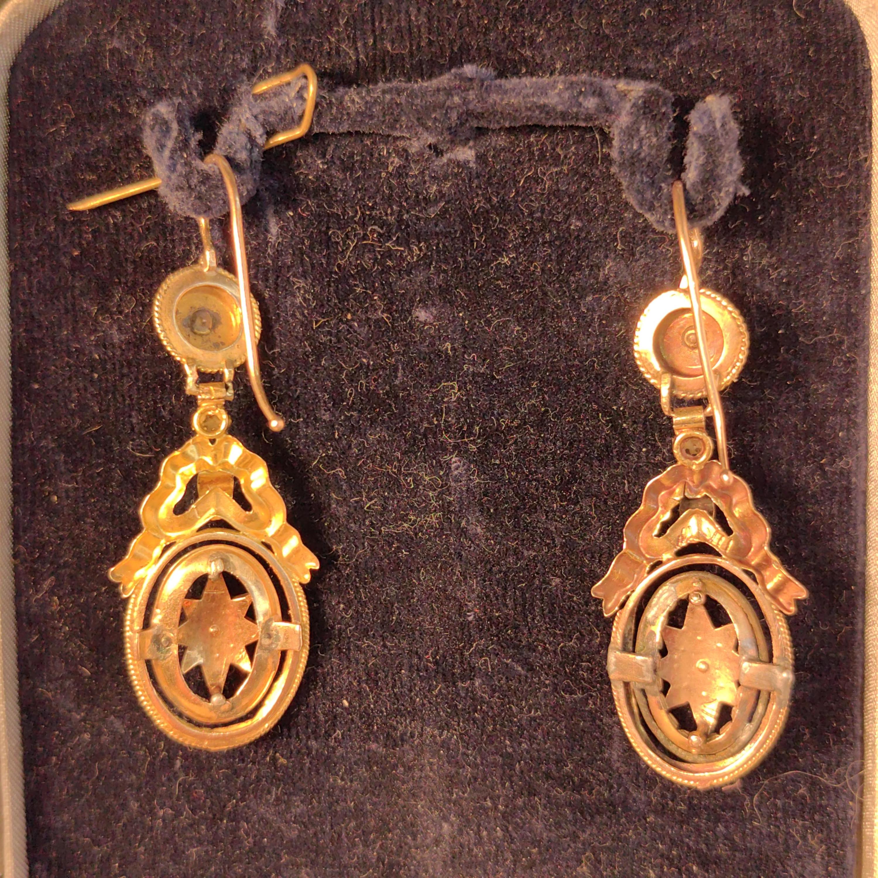 18k Yellow Gold Pearl Dangle Earrings: Antique Bow Star Design