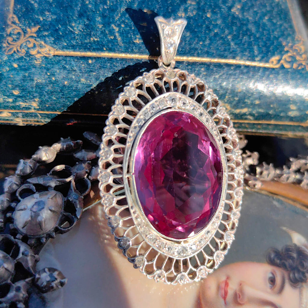 Art Deco Edwardian Antique Vintage Amethyst and Diamond Gold Statement Pendant