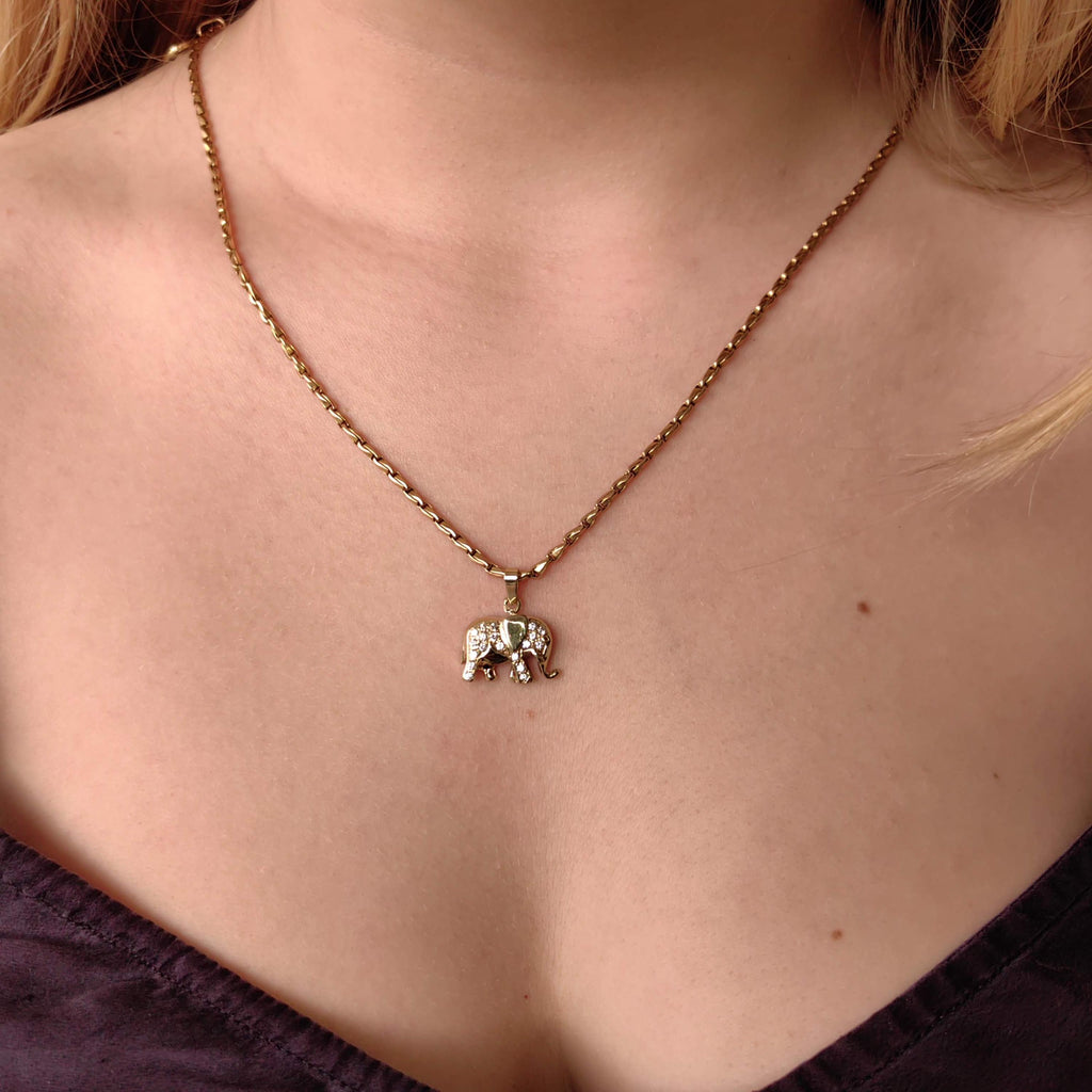 Vintage 14k Yellow Gold Elephant Pendant with Cubic Zirconia