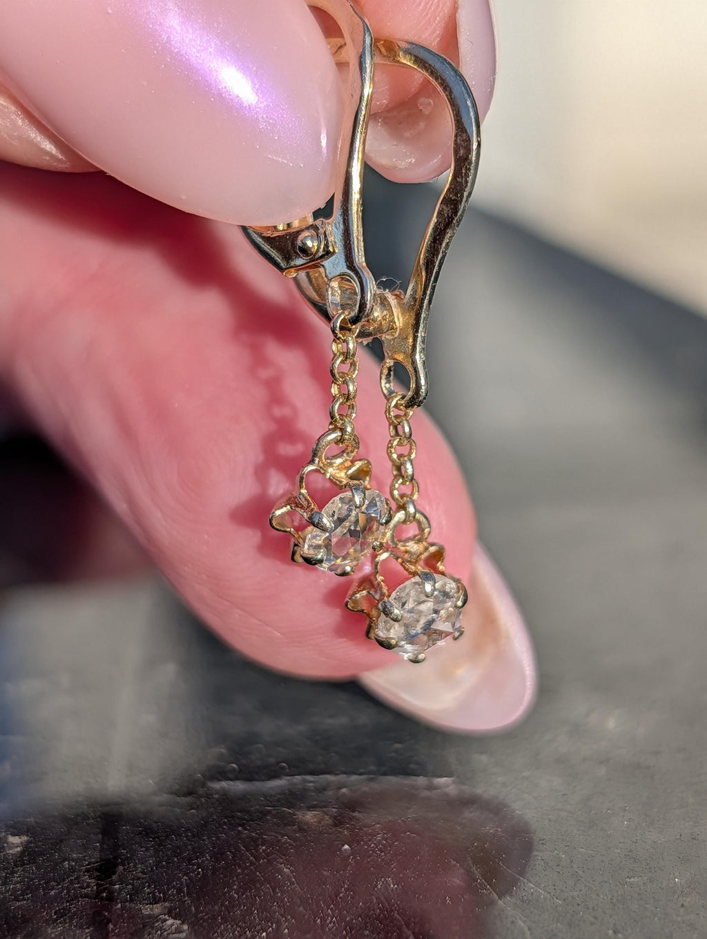 1950s Holland Rose Cut Diamond Dangle Earrings 14k 585 Yellow Gold, Vintage Lever Back Drop Statement Gift for Her