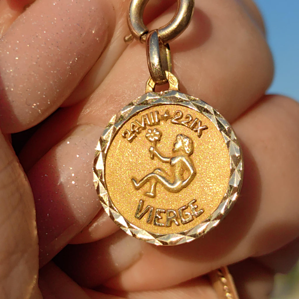 Vintage 18k Gold Virgo Zodiac Charm: French Astrology Pendant