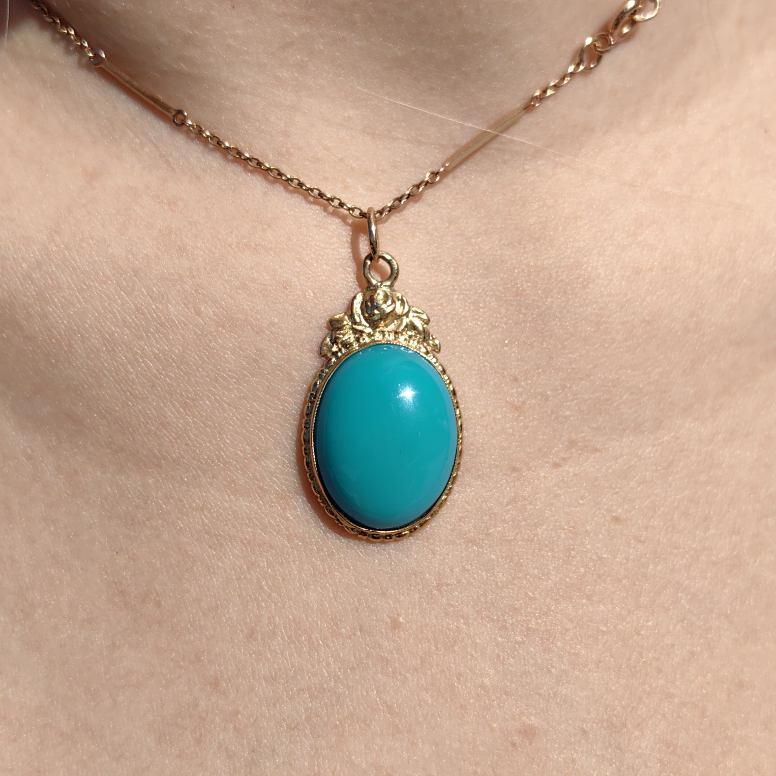Art Deco 1920s Turquoise large oval quality natural mined Solid 14k Hallmarked Yellow Rose Gold Pendant Charm Necklace gift