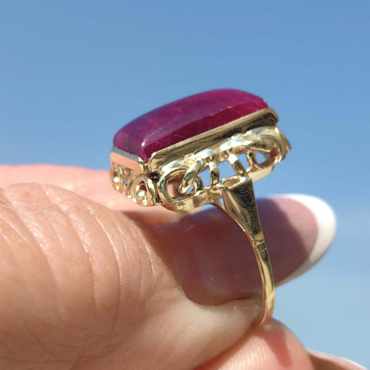 Vintage Art Deco Natural Opaque Red Ruby Elegant Rectangle Emerald Cut Ring 14k Solid Yellow Gold Geometric Statement Ring Gift Present