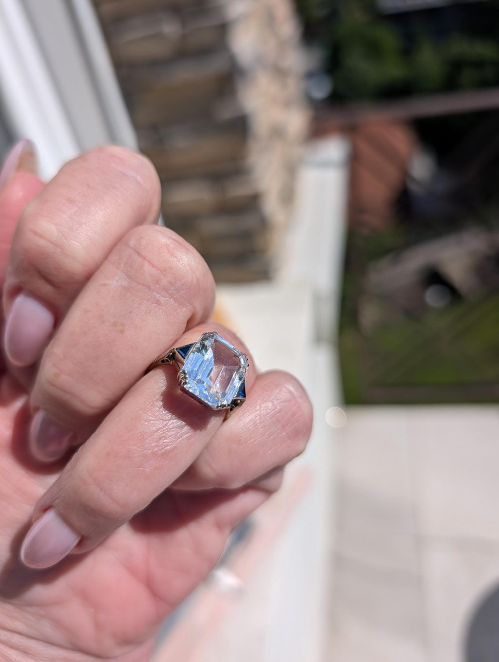 RESERVED!! French Art Deco Goshenite Sapphire Ring, 18k Gold Emerald Cut Beryl Cocktail Ring