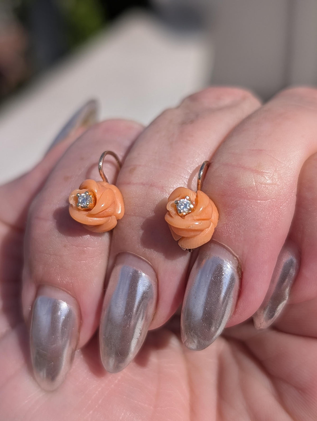 1950s Mid Century Hand Carved Coral Diamond 14k Gold Rose Earrings, Handmade Delicate Floral Lever Back Sleepers Earrings, Gift for Her