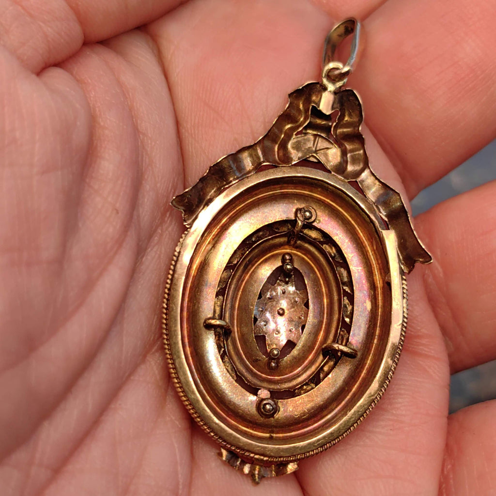 18k Gold Natural Pearl Pendant: Antique Bow Star Charm