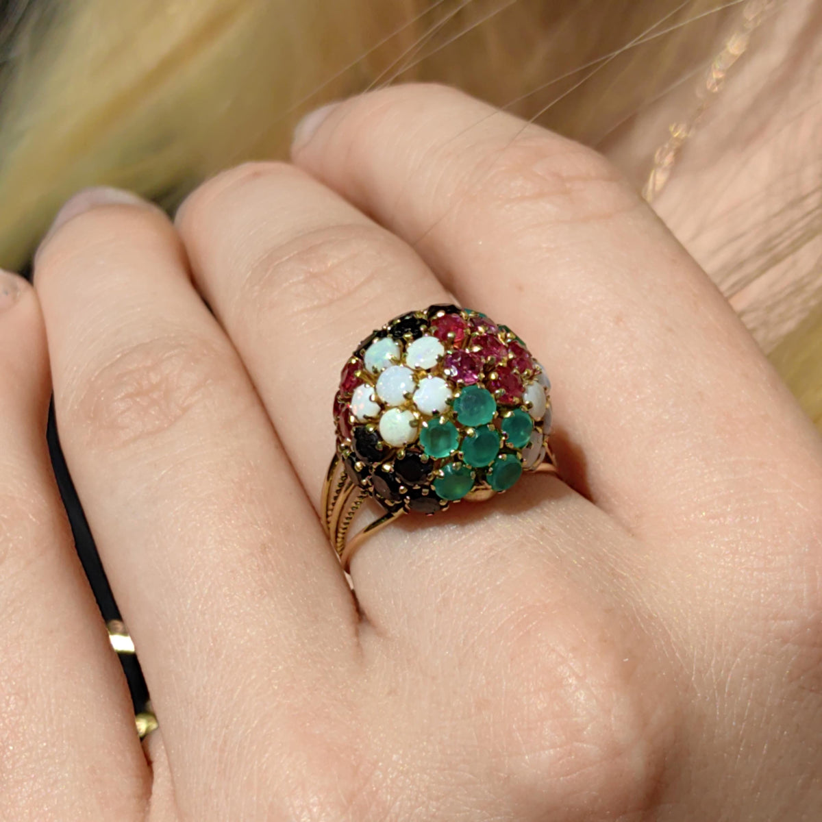 14k Gold Multi-Stone Bombe Ring: Emerald, Ruby, Opal, Sapphire Floral Design