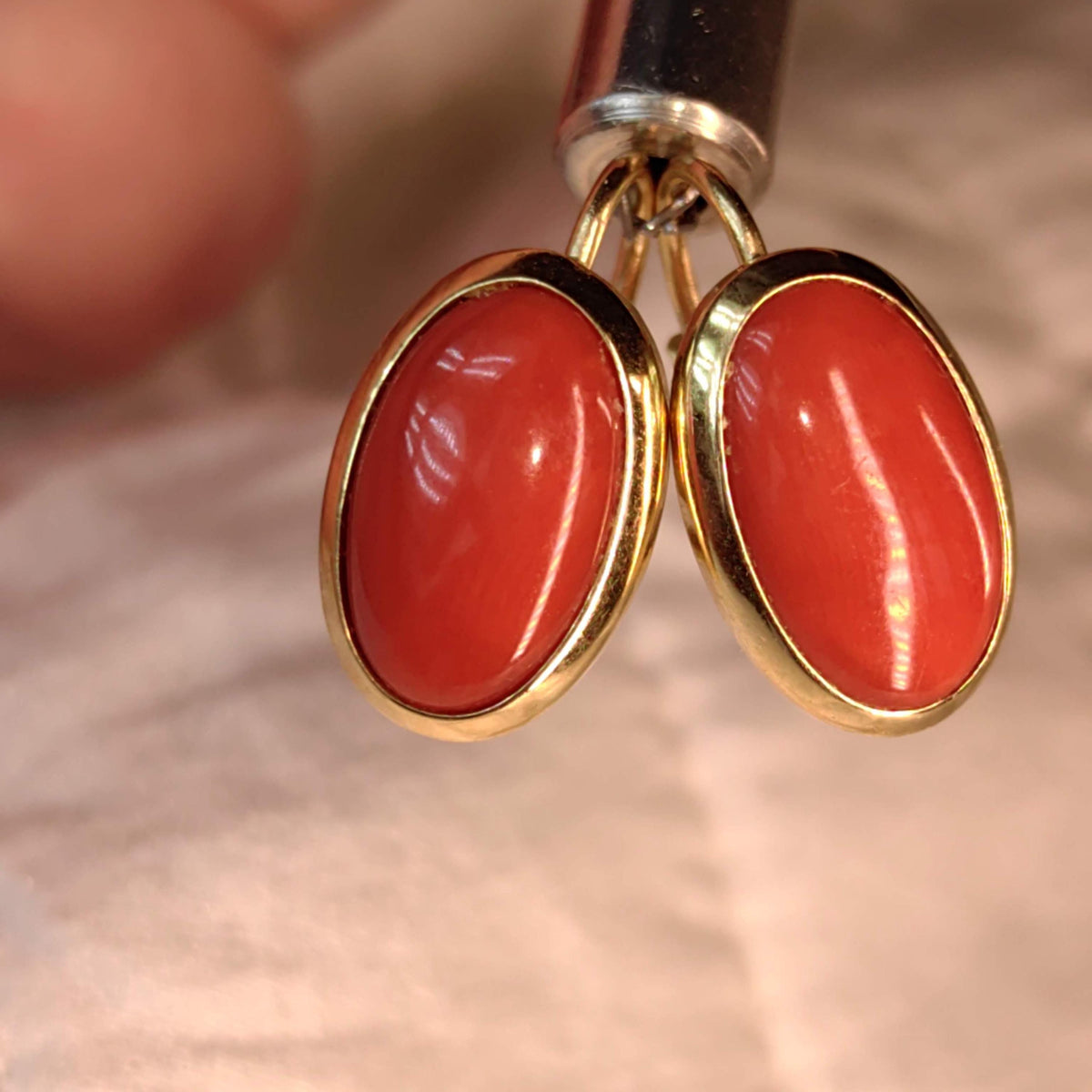 Natural Coral 18k Gold Earrings: Mid Century Vintage Dangle Dormeuse