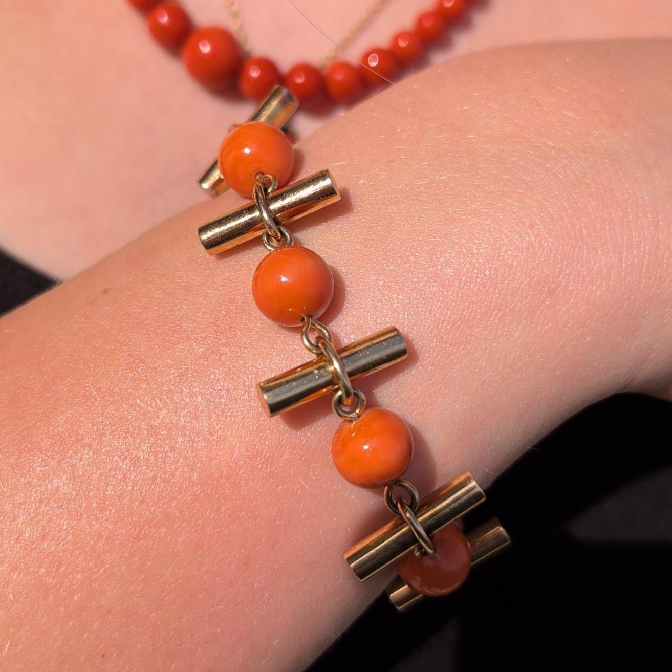 Antique 18kt Champagne Gold Natural Coral Bracelet, Hungarian Import Hallmarked Chain, Red Orange Mediterranean Coral Chic Boho Gift Her Him