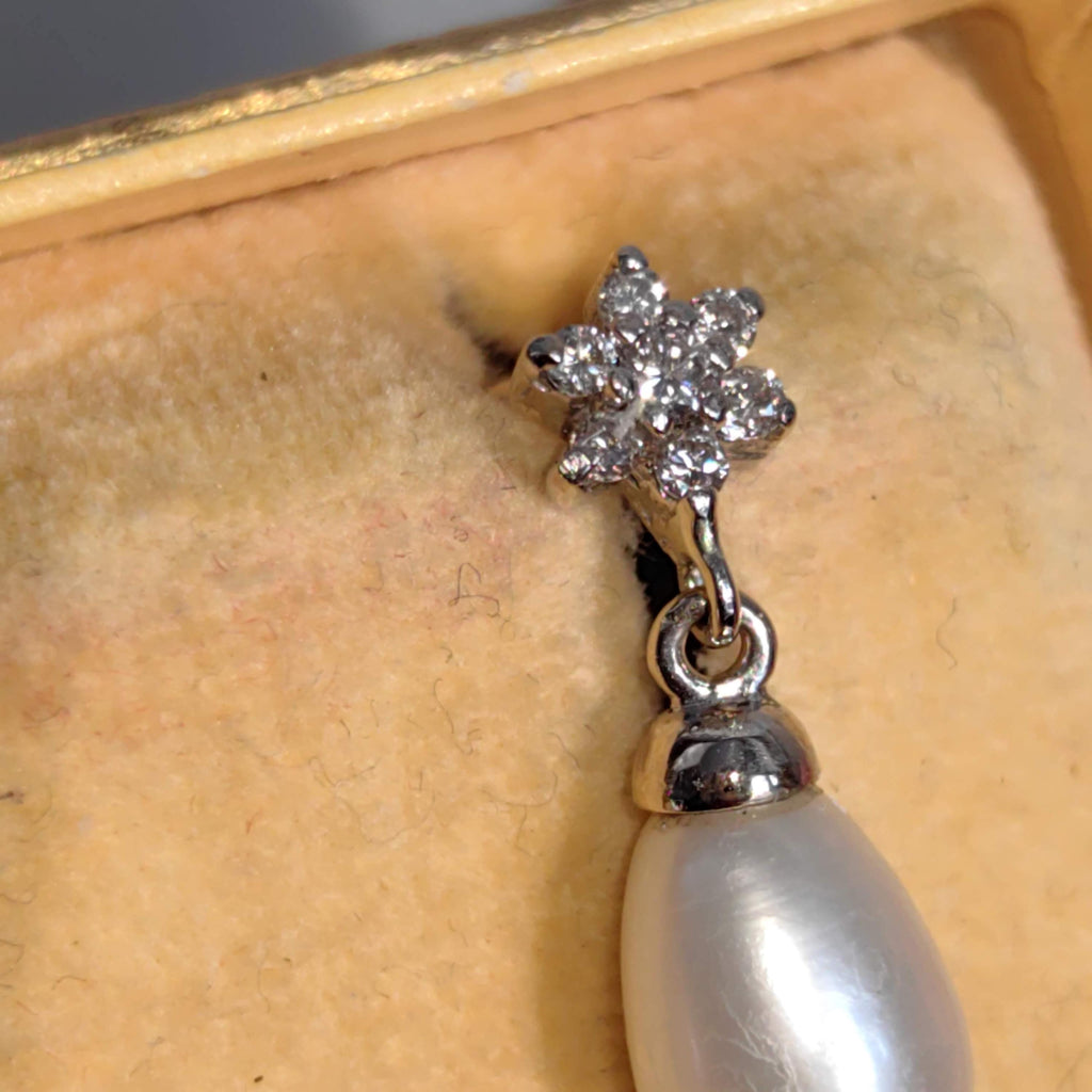 Vintage Diamond Pearl Drop Solid White 18k  Gold Dangle Elegant Dainty Earrings Gift for her wife romantic present Christmas birthday
