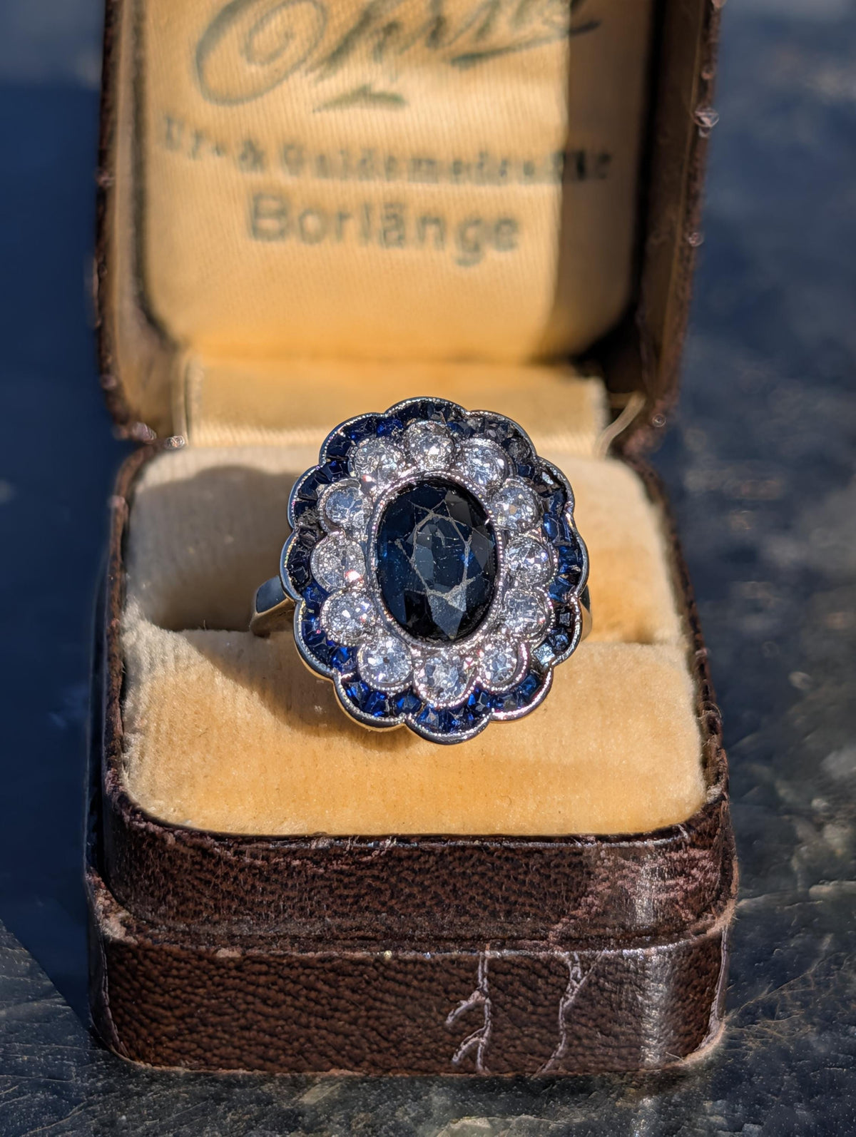 1920s French Art Deco Platinum Sapphire Diamond Ring – European Cut Statement Piece