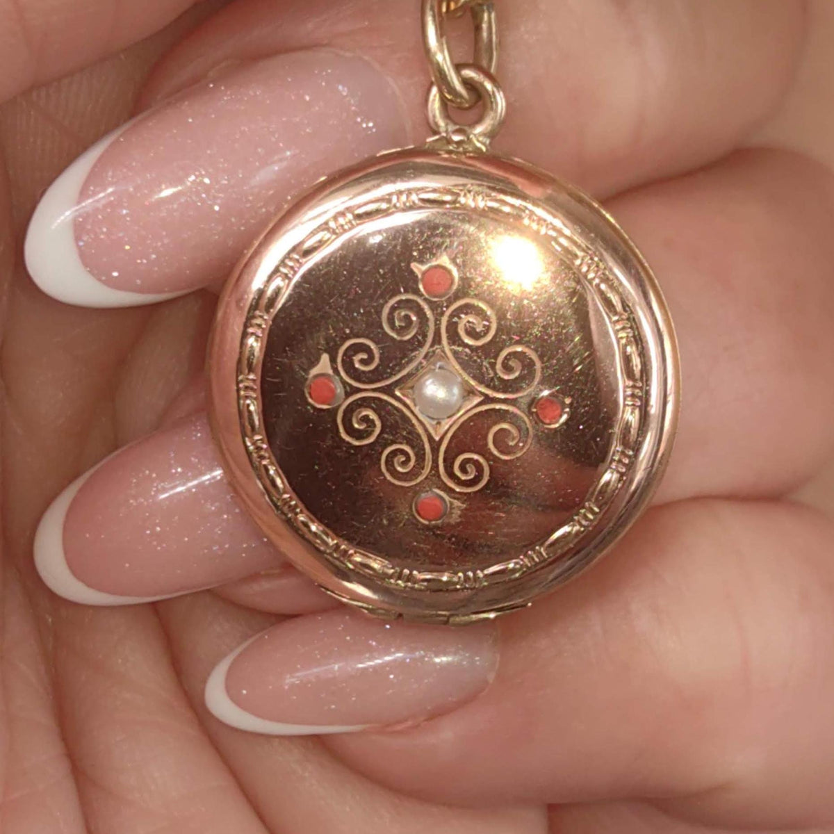 Art Nouveau 1900s Gold Plated Silver Natural Coral & Pearl Pendant Locket Necklace Pendant Picture Holder Gift present for Her Hand Chiseled