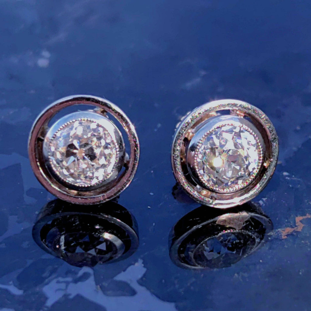 Antique 1.3ct Old European Cut Diamond 14k Gold Earrings