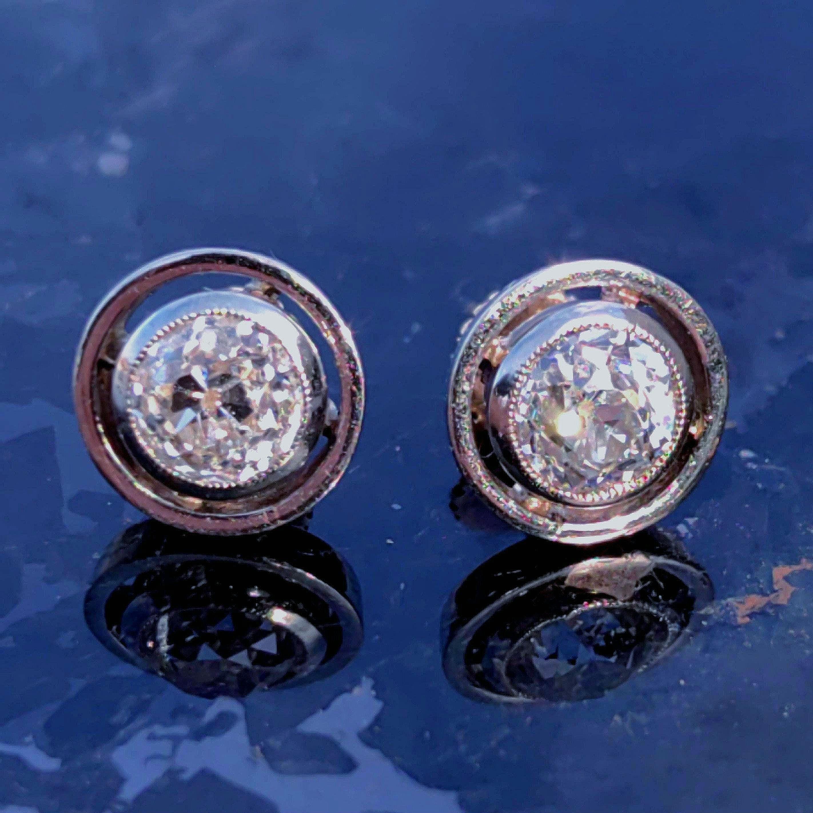 Antique 1.3ct Old European Cut Diamond 14k Gold Earrings