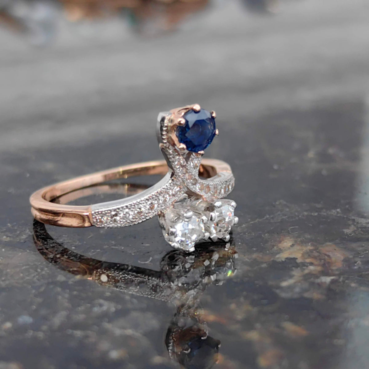 Art Nouveau Sapphire Diamond Ring: 14k Gold Floral Design