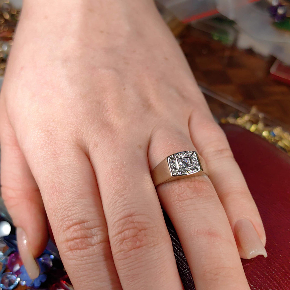 Vintage 18k Yellow Gold Diamond Ring: Unisex Chevalier Statement Ring