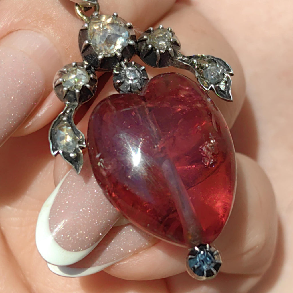 Victorian Red Rubellite Tourmaline Rose Diamond Heart Gothic Pendant 14k Solid Gold Silver Setting Charm Gift Present