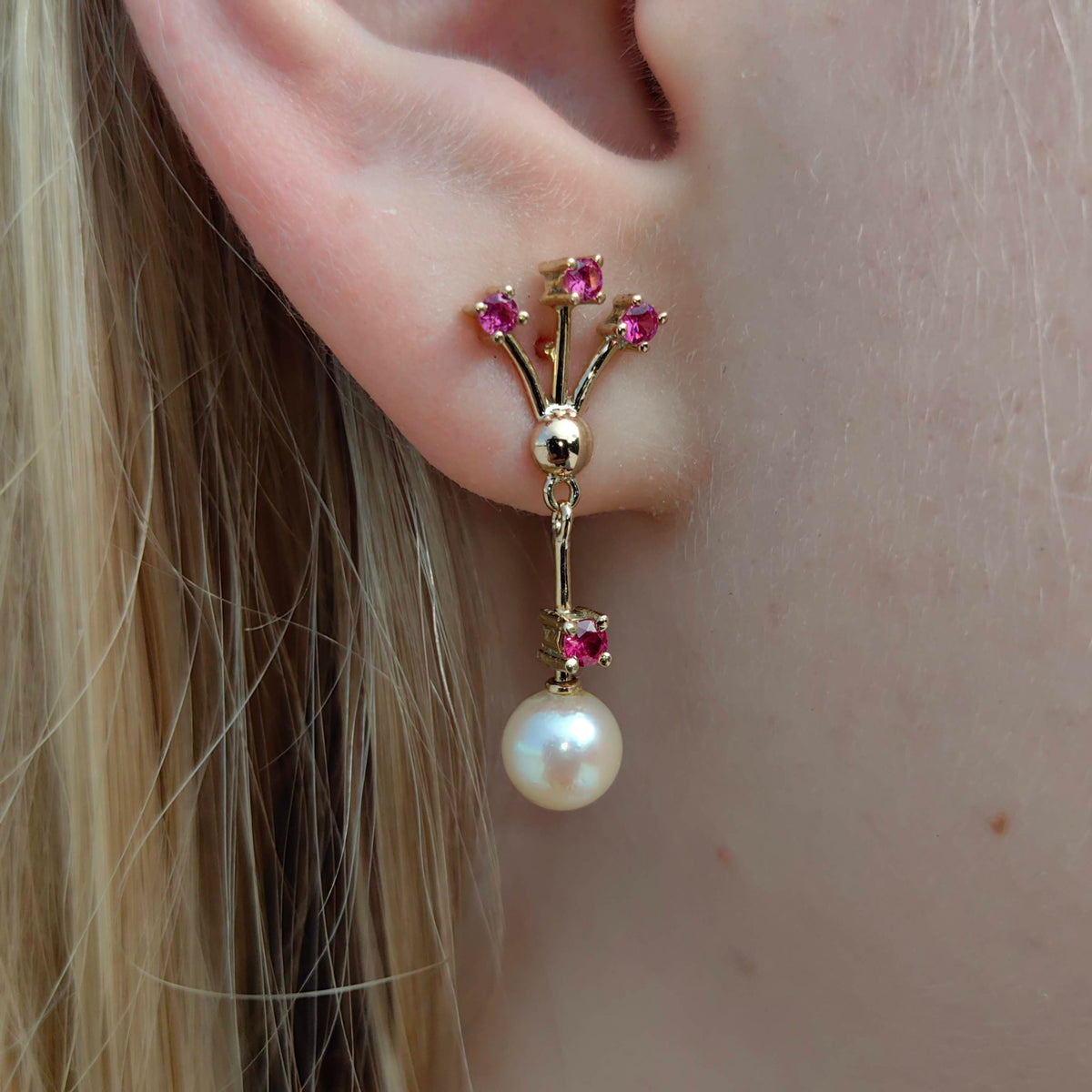 Vintage 18k Solid Yellow Gold Dangle and Drop Statement Earrings Ruby & Pearl Floral Design Gift for Her Present