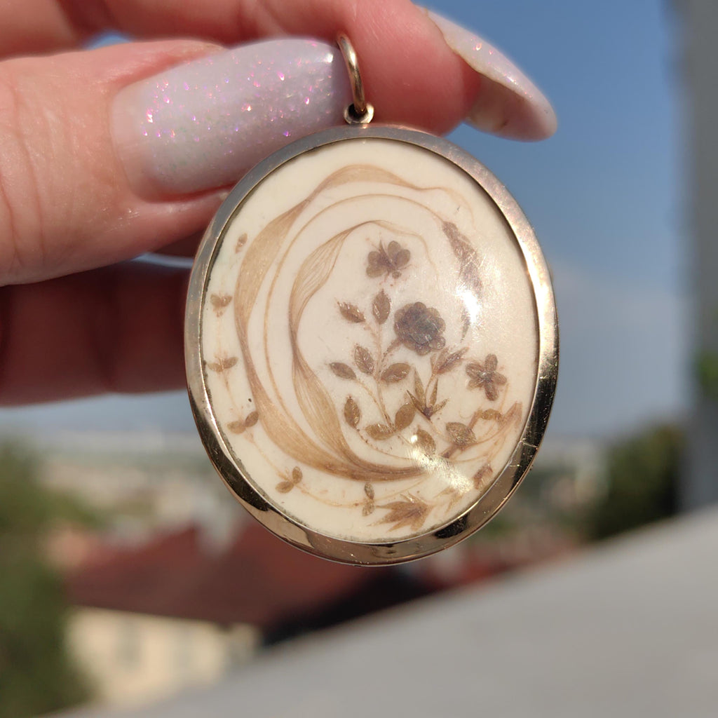 Antique Hand-Painted Floral Portrait Pendant - 1800s Miniature