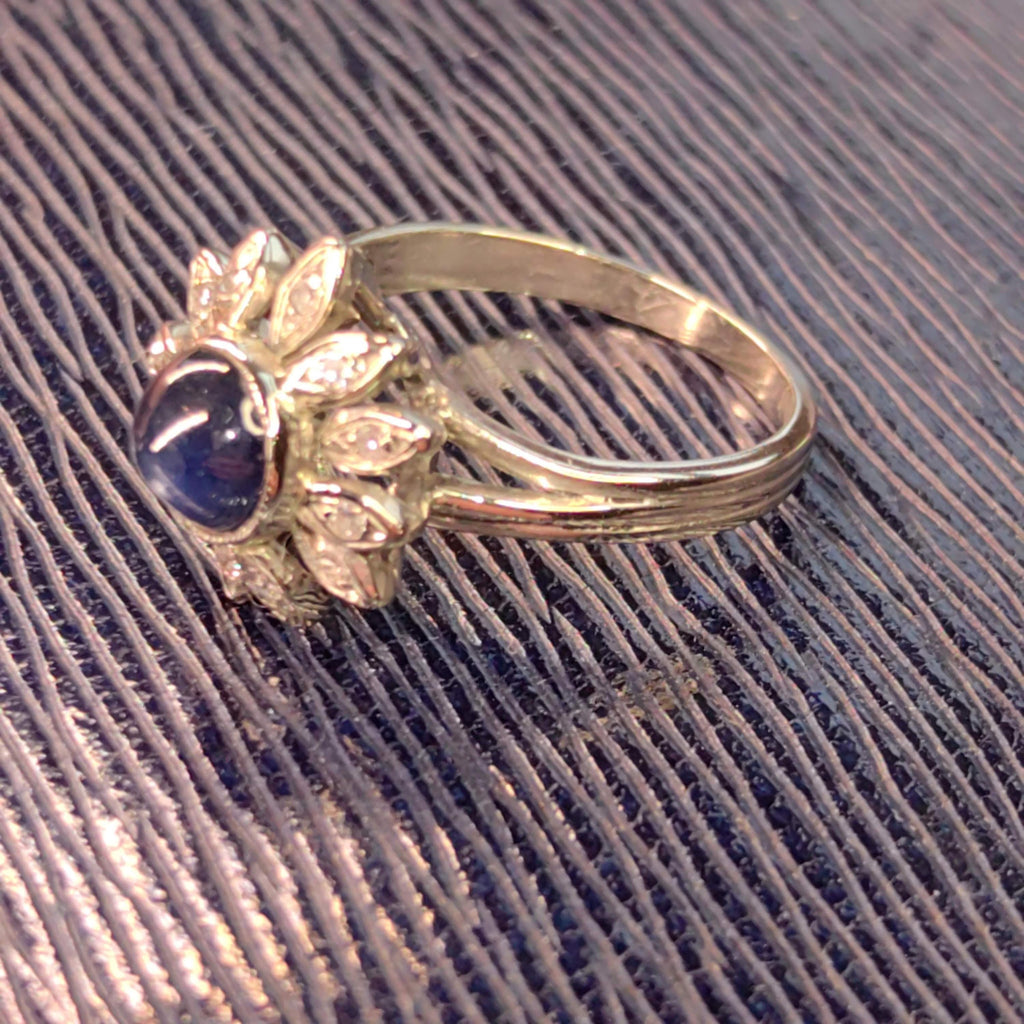 1940s Natural Blue Sapphire Diamond 18k Hallmarked White Gold Mid Century Flower Floral Engagement Antique Elegant Ring Gift for Her