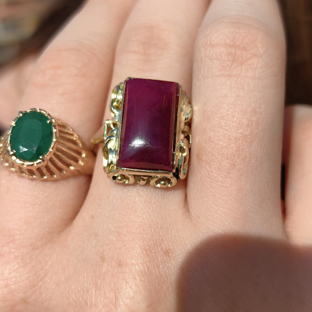Vintage Art Deco Natural Opaque Red Ruby Elegant Rectangle Emerald Cut Ring 14k Solid Yellow Gold Geometric Statement Ring Gift Present