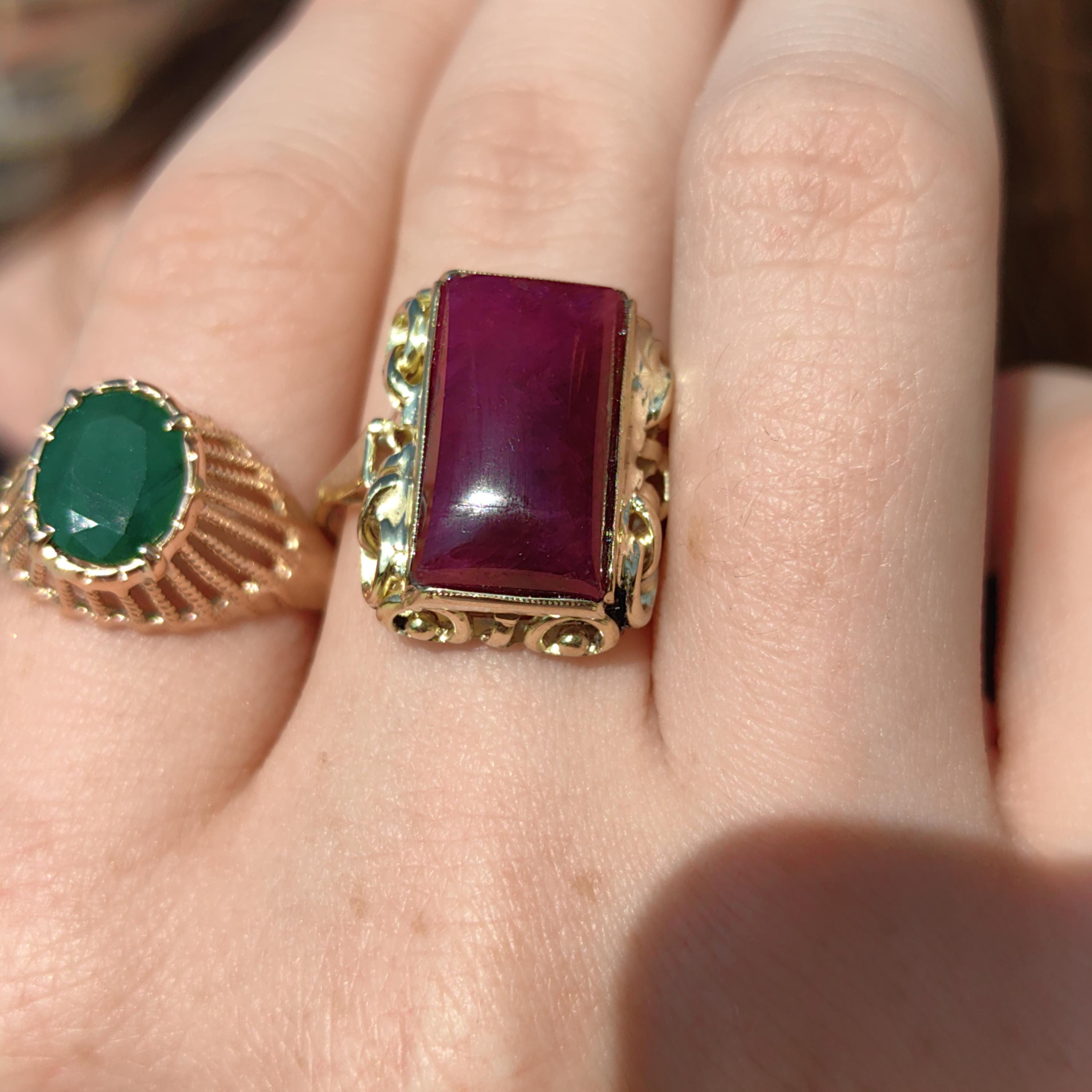 Vintage Art Deco Natural Opaque Red Ruby Elegant Rectangle Emerald Cut Ring 14k Solid Yellow Gold Geometric Statement Ring Gift Present