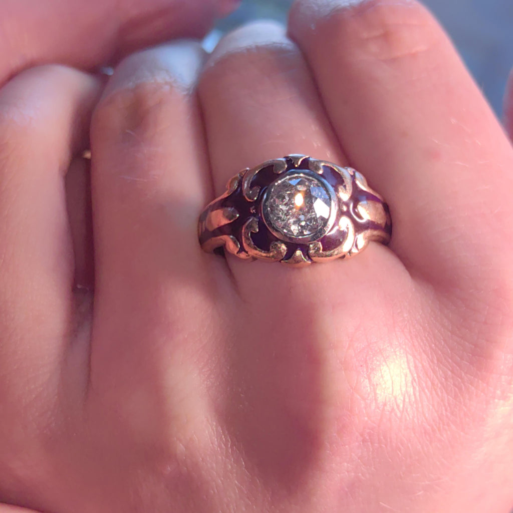 Diamond Victorian 1890s Solid 18k Gold dark Purple Aubergine Enamel Antique Engagement Statement Ring Elegant Vintage Gift for Her