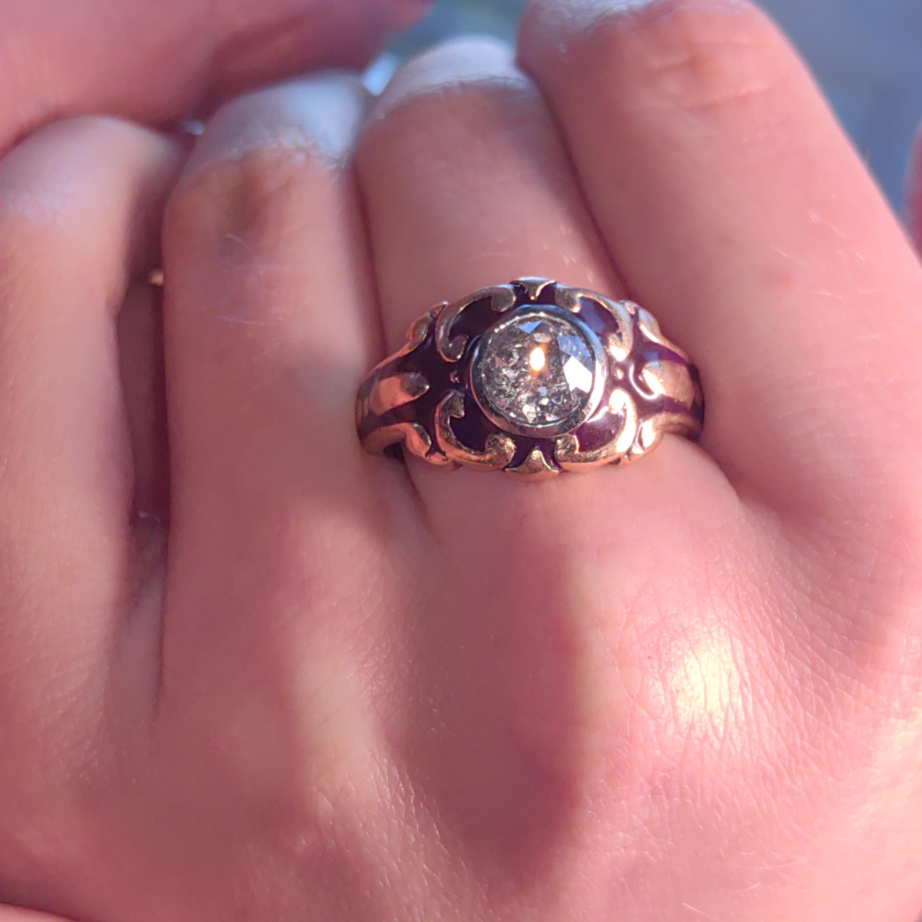 Diamond Victorian 1890s Solid 18k Gold dark Purple Aubergine Enamel Antique Engagement Statement Ring Elegant Vintage Gift for Her