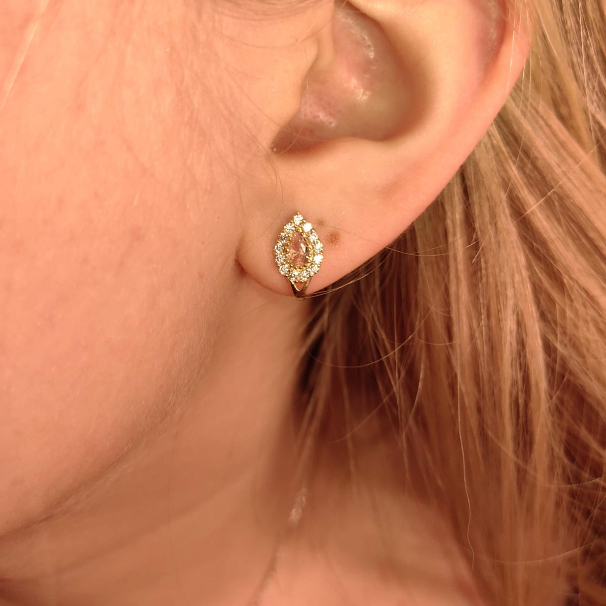 Vintage Solid Yellow Gold cubic zirconia Pink Stone Drop Floral cluster omega closure Earrings Gift for Her