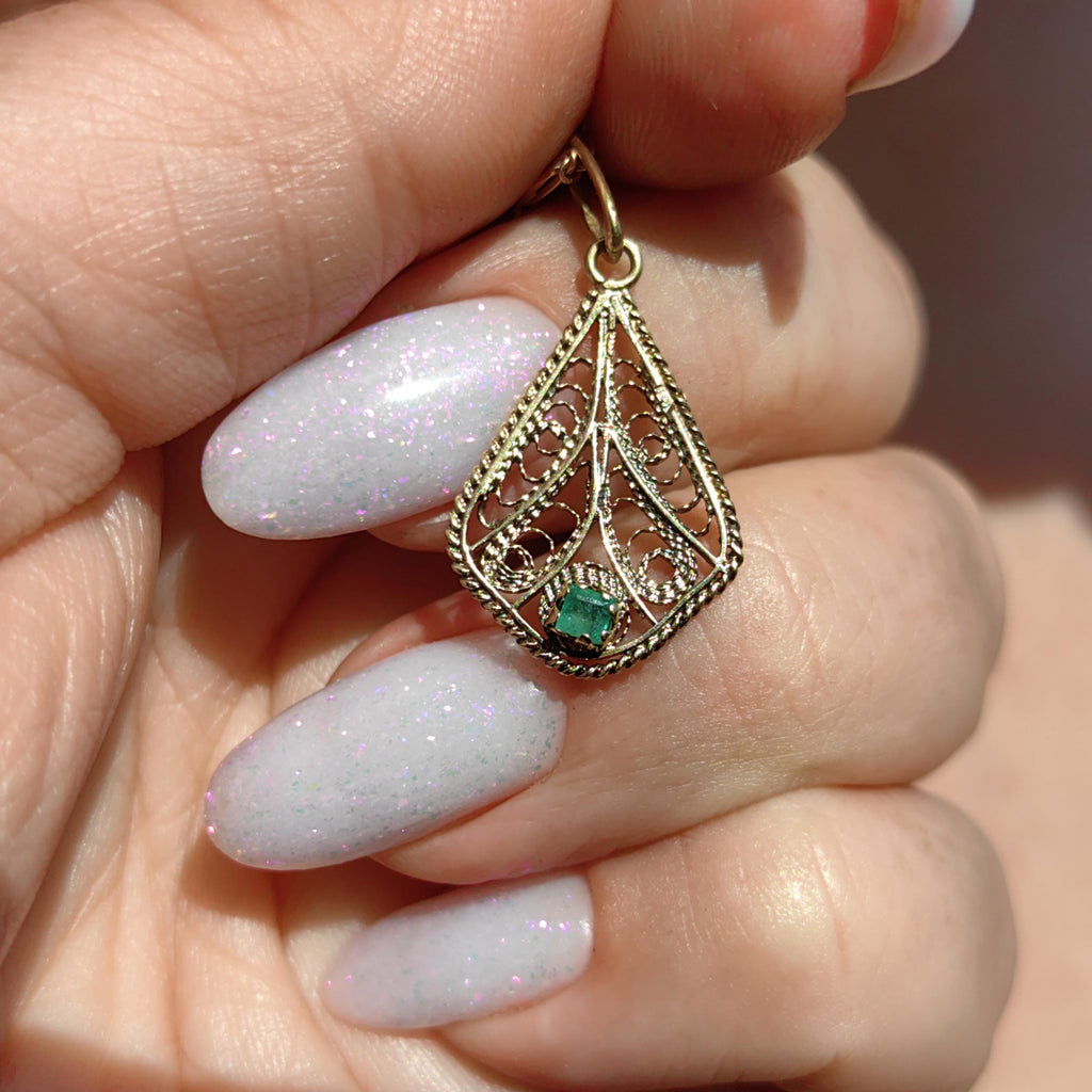 Victorian Emerald Pendant: 14k Yellow Gold Filigree, Hand-Chiseled Floral Charm