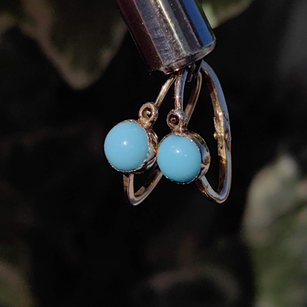 Antique 14k Solid Yellow Rose Champagne Gold Blue Pastel Stone Earrings Nouveau 1900s Elegant Comfortable Lever Back Dormouse Earrings