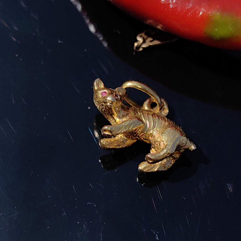 18K Gold Hyena Charm: Vintage Ruby Pendant Necklace