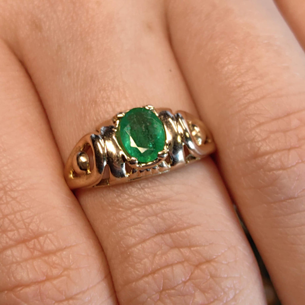 Art Nouveau 1900s Emerald Hallmarked 14k 585 Solid Yellow Rose Gold Antique Vintage Oval Natural Stone Band Solitaire Ring Gift Present