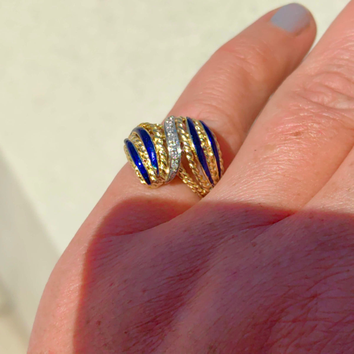 Vintage Antique Diamond Gold Blue Fire Enamel Statement Ring