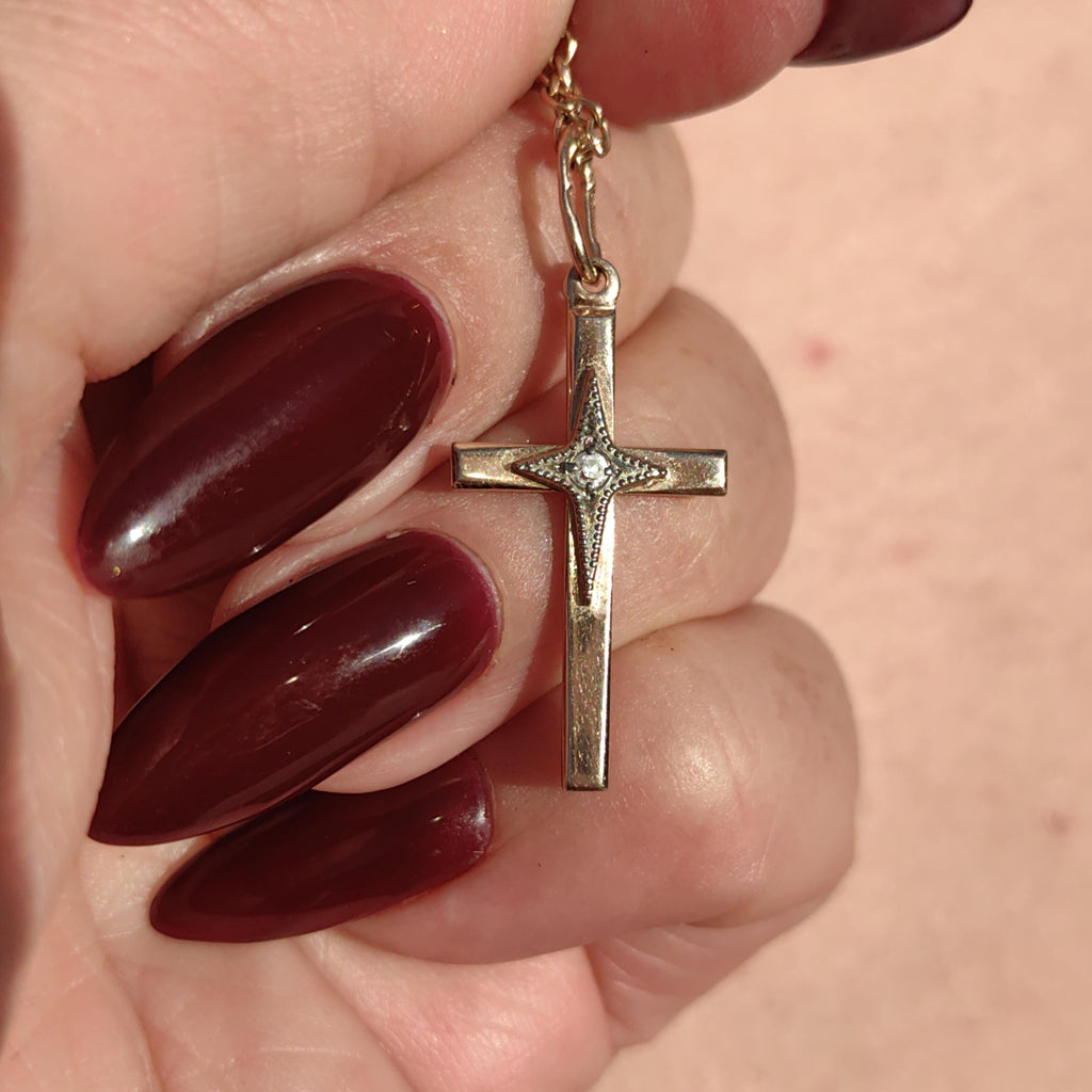 Art Deco 1930s Vintage Solid 14k Yellow Rose and White Gold Diamond Christian Latin Cross Antique Pendant Elegant Gift Present