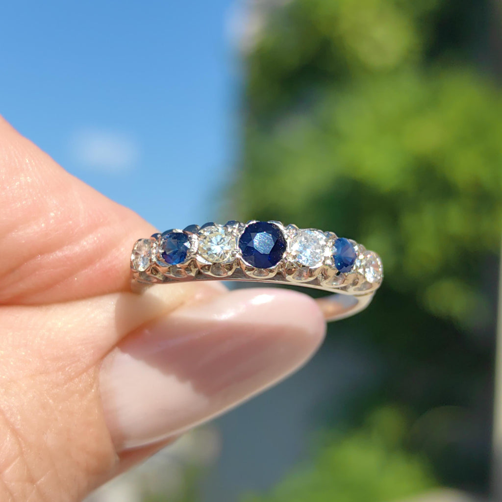 Vintage Sapphire Diamond Band: 18k White Gold Engagement Ring, 1940s