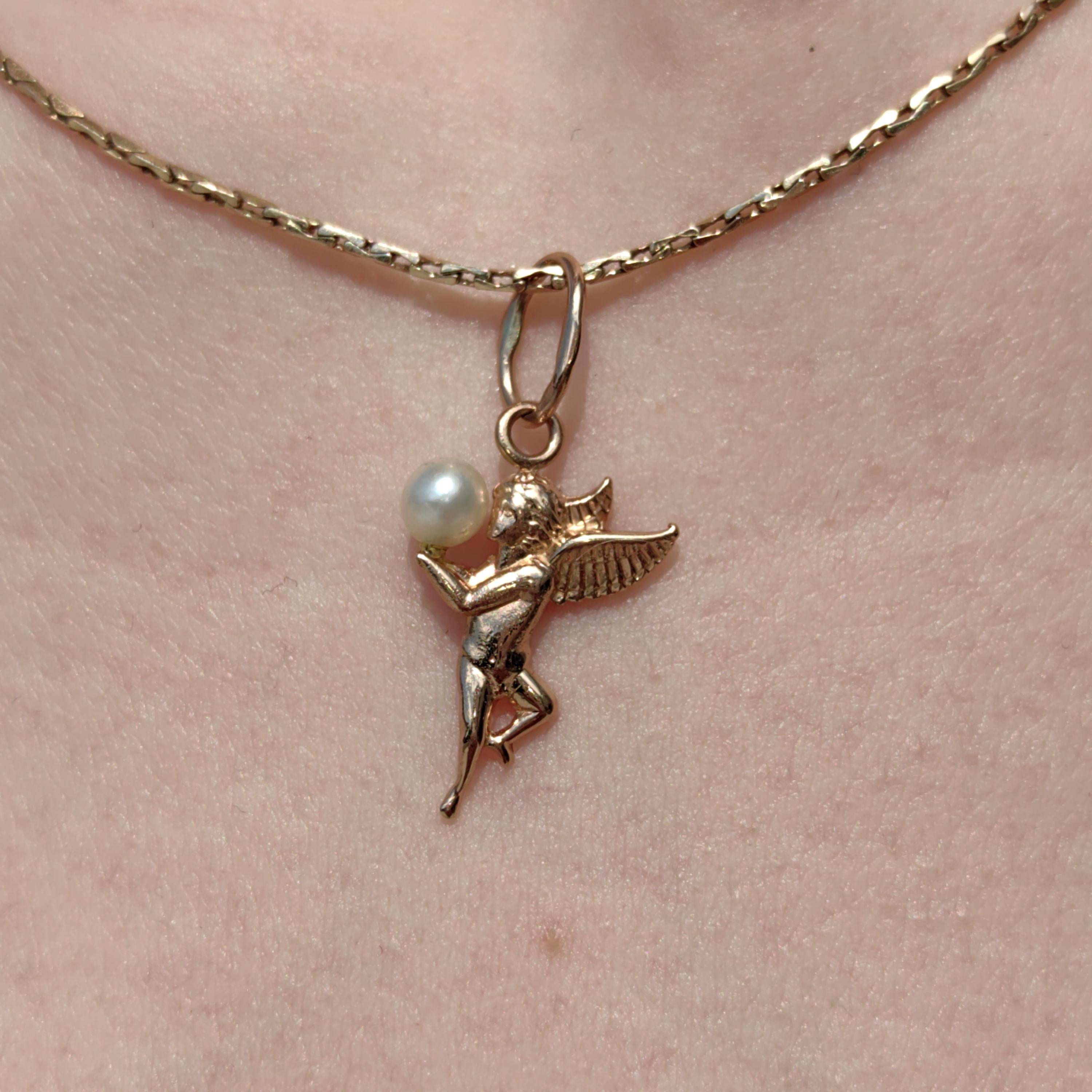 14k Hallmarked  Solid yellow Gold Cherub Cupid Pearl Pendant Valentines Day Vintage Love Charm Necklace Pendant Gift for Her Present