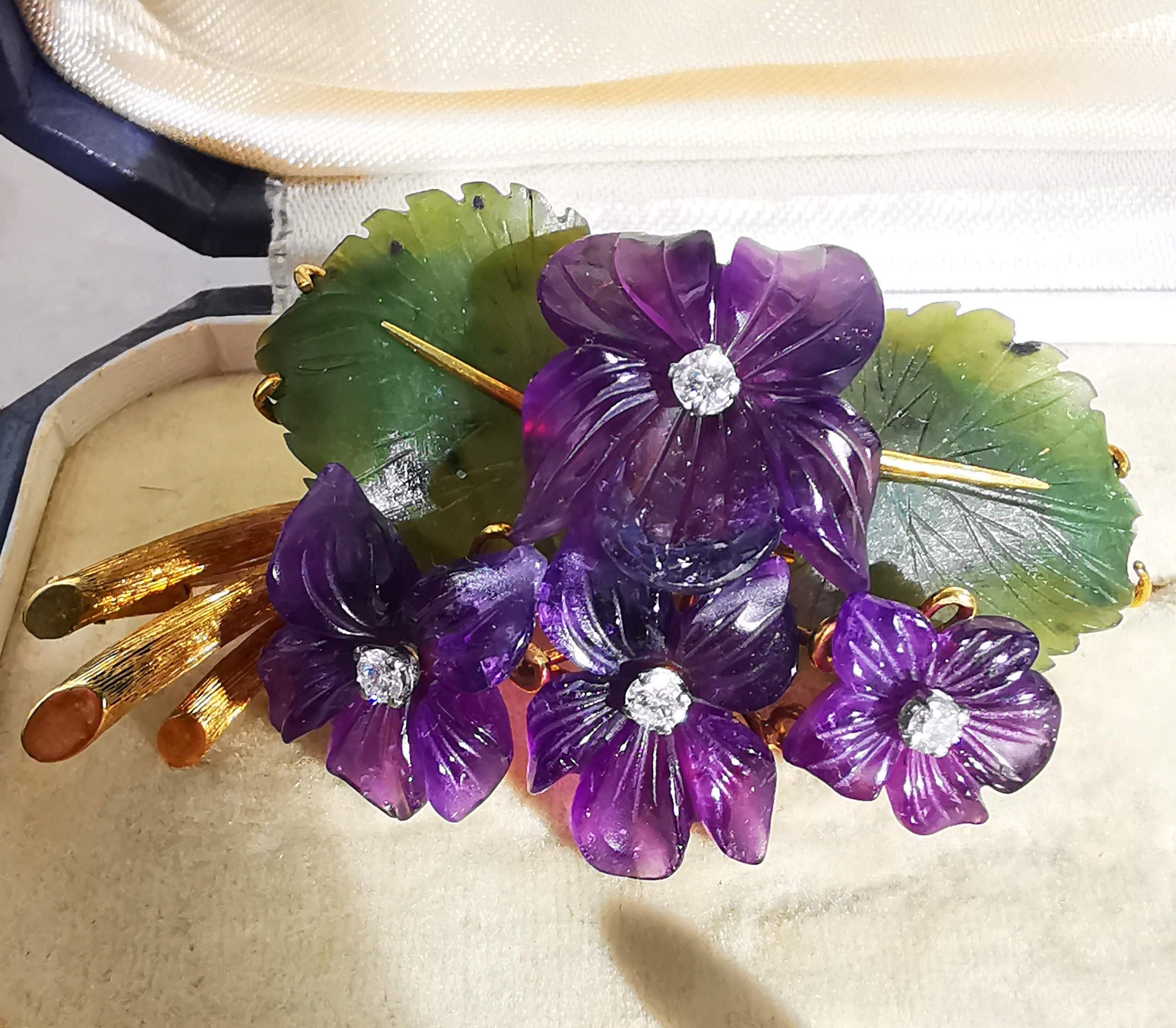 Art Nouveau 1900s Hand Carved Natural Purple Amethyst Jade Diamond 18k Solid Yellow Gold Brooch Antique Floral Violet Pin Gift for her