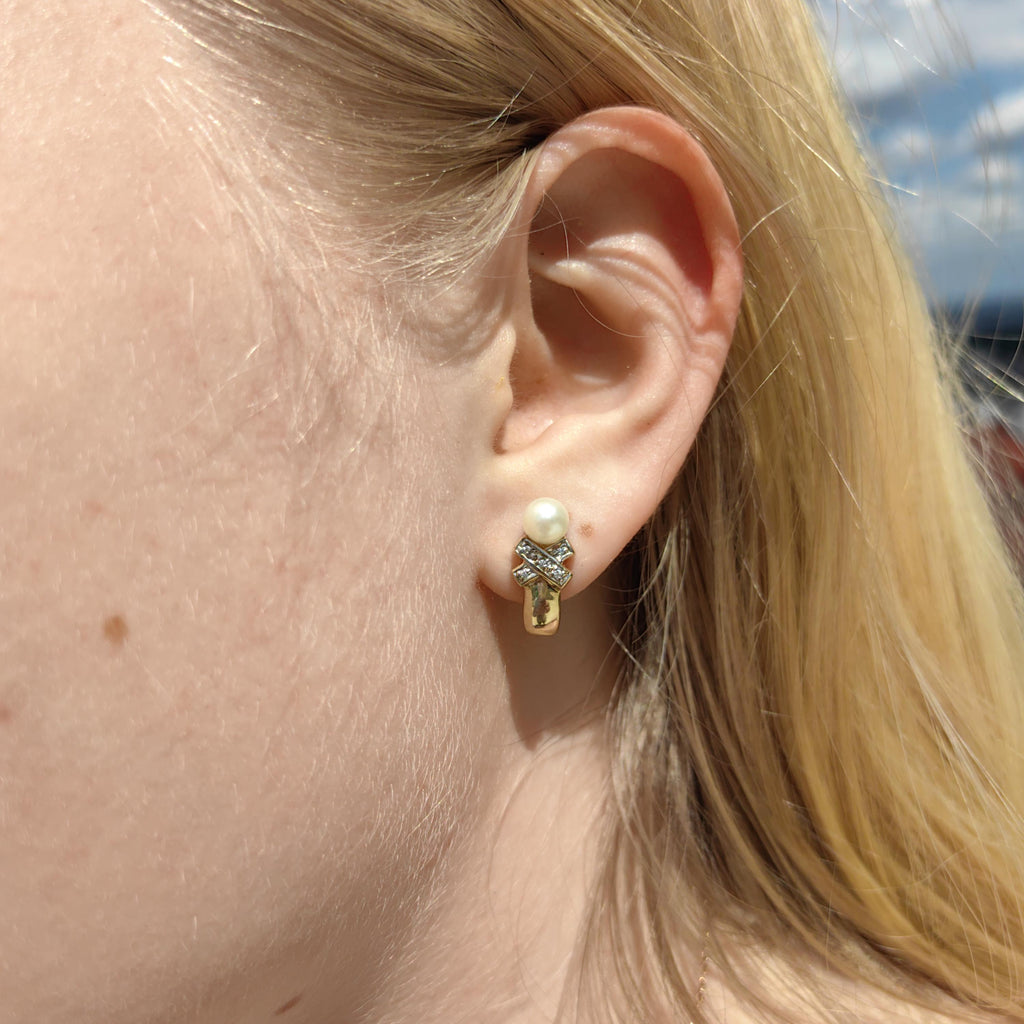 Vintage 8K Gold Pearl Cross Earrings: Elegant Antique Gift
