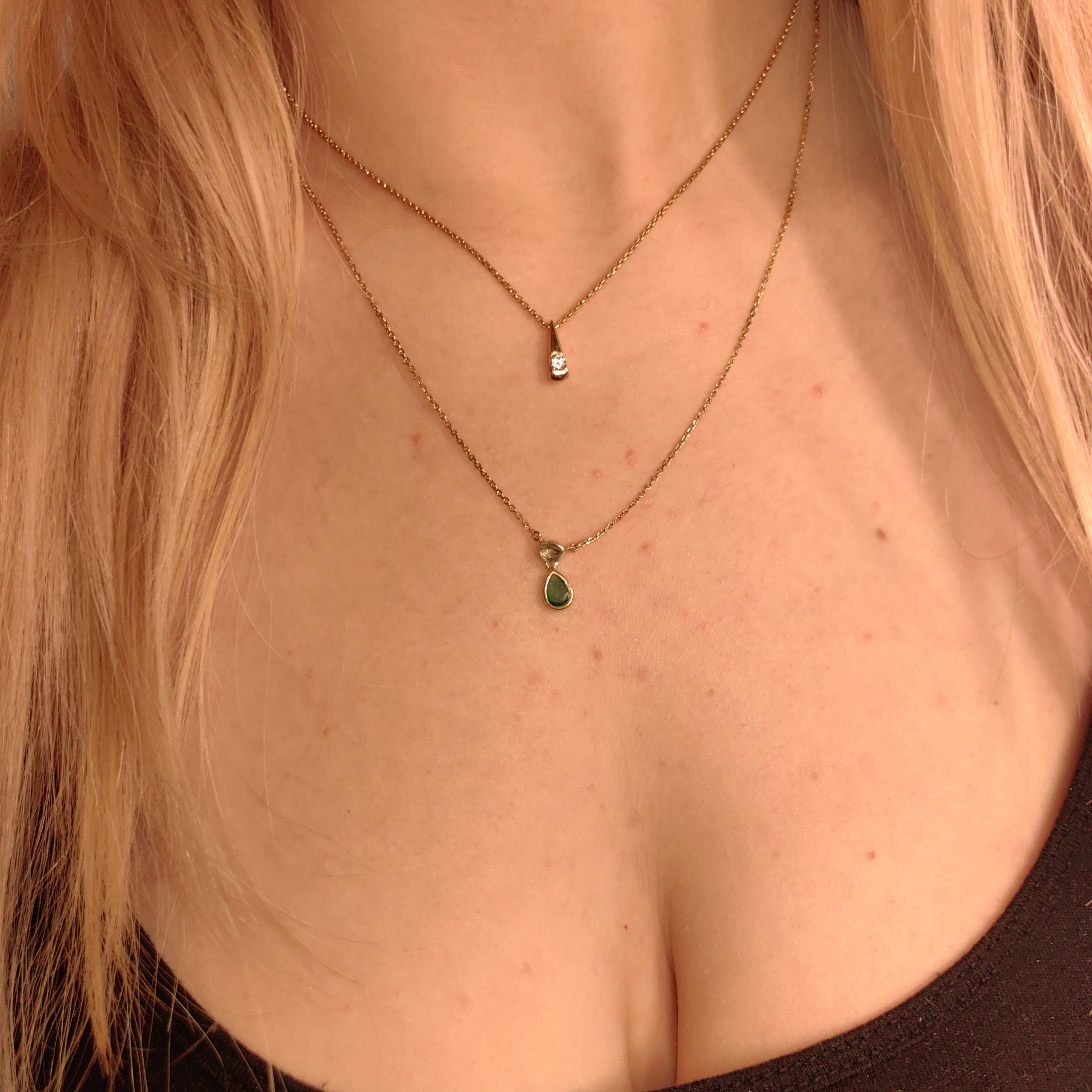 Genuine Emerald & Diamond Necklace Solid 18k Yellow Gold Drop Shaped Antique Vintage Pendant Charm Gift for Her Elegant Dainty Classic chain