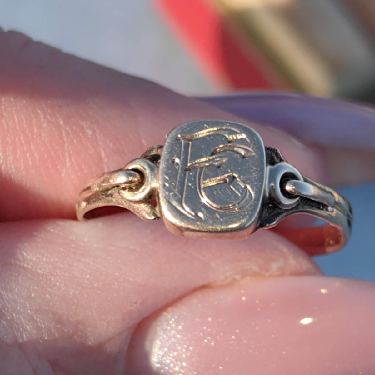 Solid Yellow Gold Antique F E Initials Letter Name Family Signet Ring Elegant Vintage Gift Present