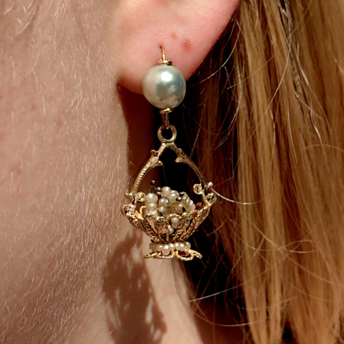 Antique 14k Gold Pearl Chandelier Earrings: 1800s Baroque Floral Dangle
