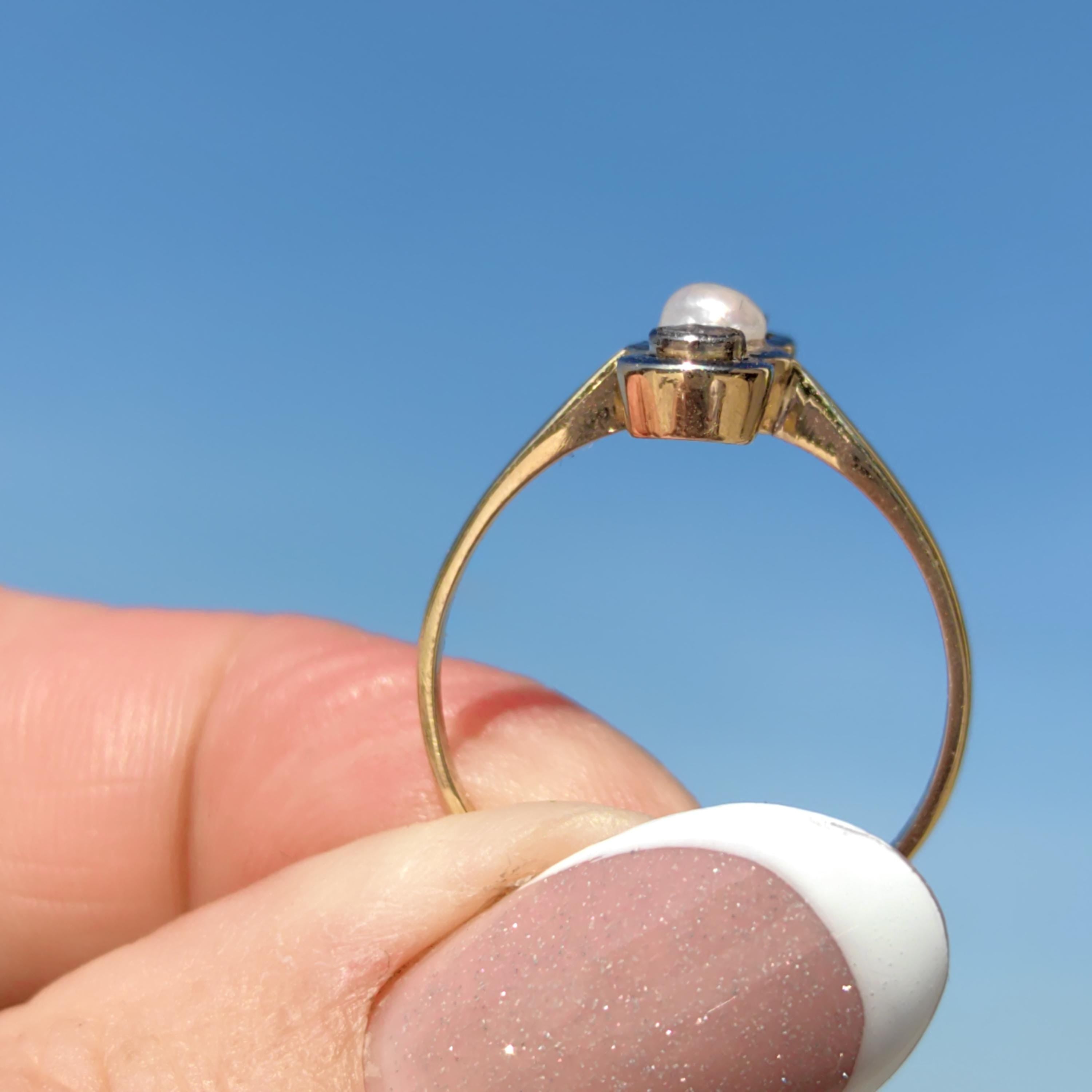 Art Nouveau Pearl Engagement Ring: Diamond 18k Gold Antique Three-Stone