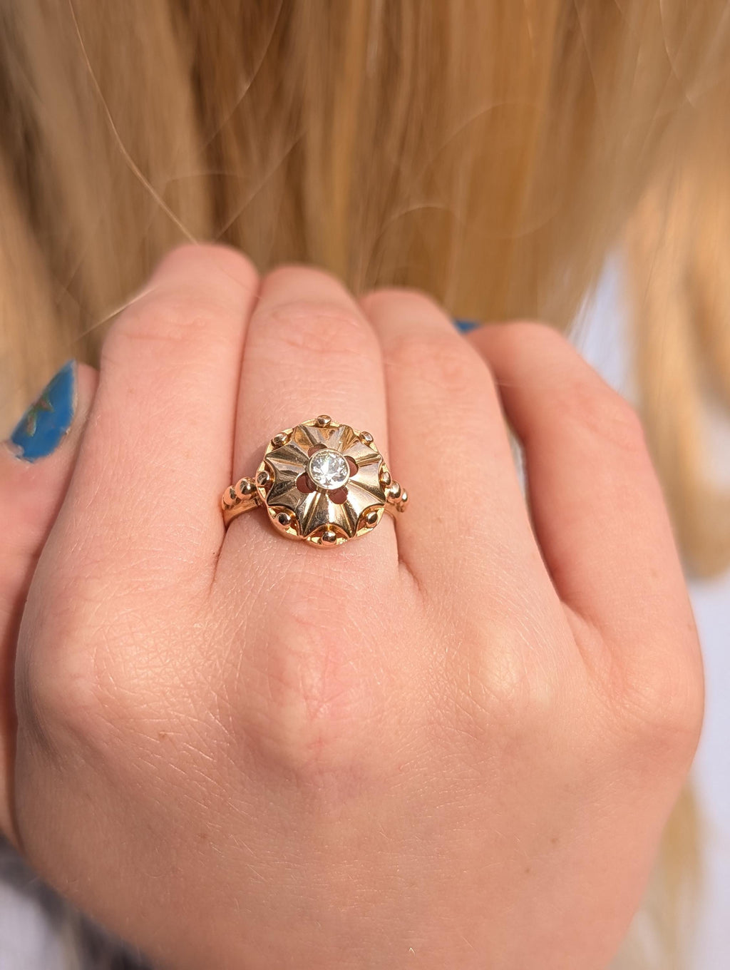 1920s Art Deco Diamond Ring 14k Yellow Gold, Old European Cut Diamond Statement Ring, Antique Floral Ring US 8.75