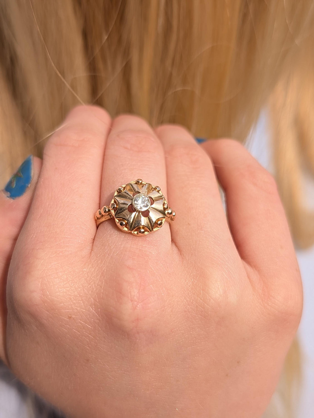 1920s Art Deco Diamond Ring 14k Yellow Gold, Old European Cut Diamond Statement Ring, Antique Floral Ring US 8.75
