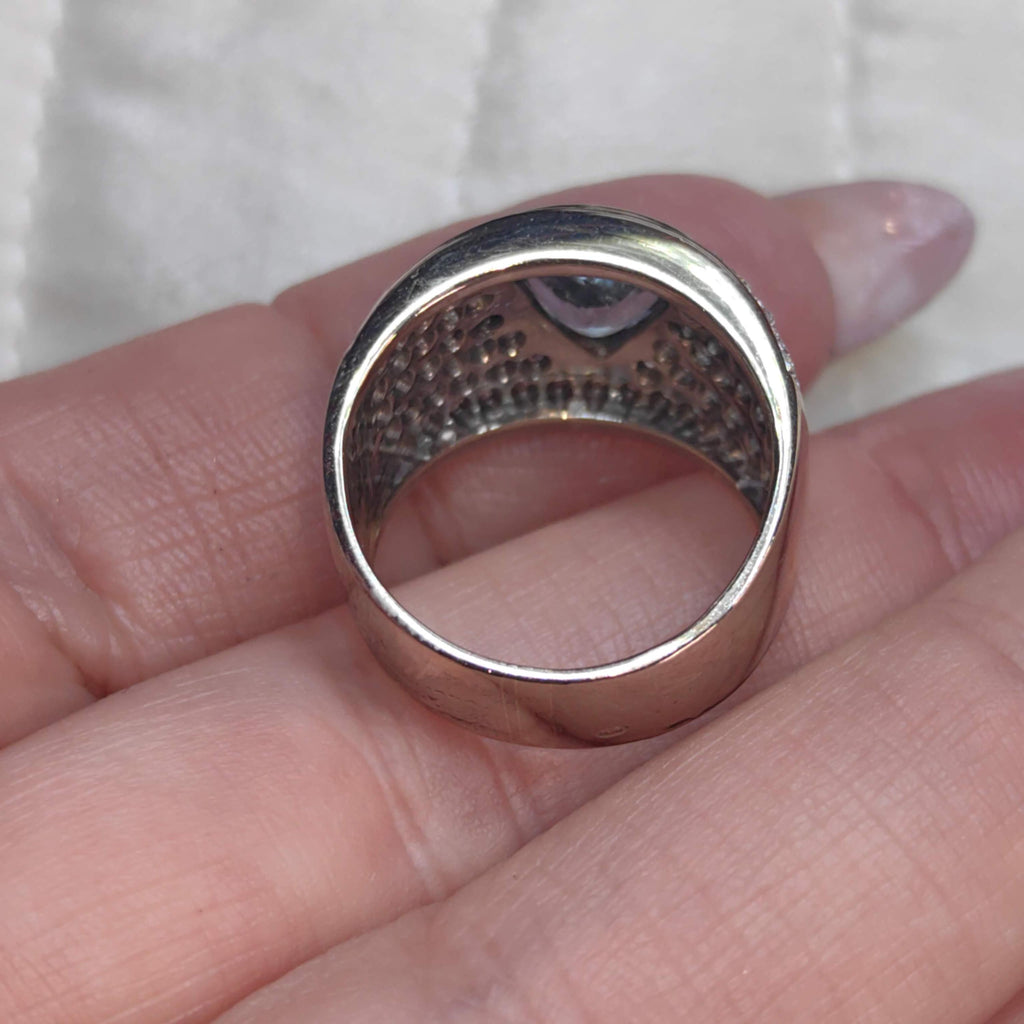 Aquamarine Trillion Diamond 18k White Gold Statement Ring, Geometric Unisex Band