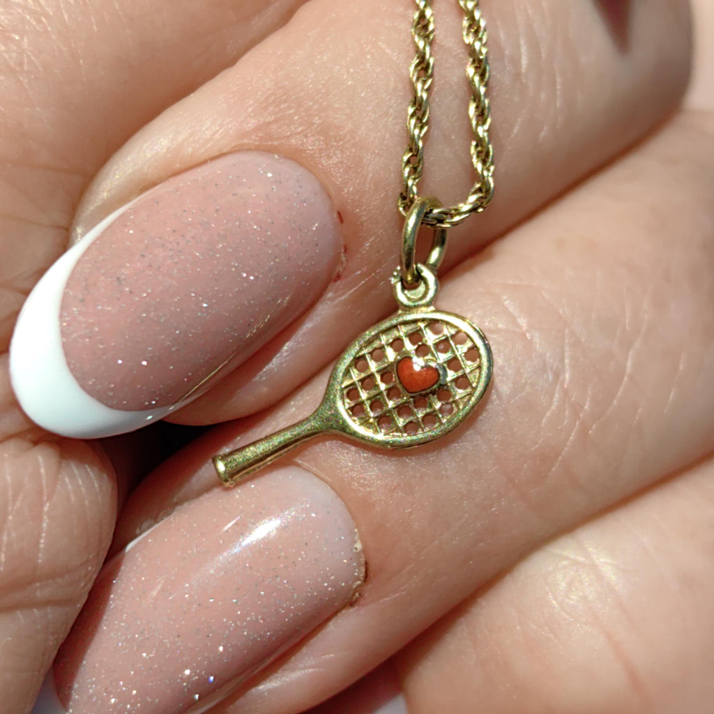 Vintage 14k Solid Yellow Gold Tennis Racket Sports Lover Necklace Pendant Red Heart Hand Painted Fire Enamel Charm Gift for Tennis Player