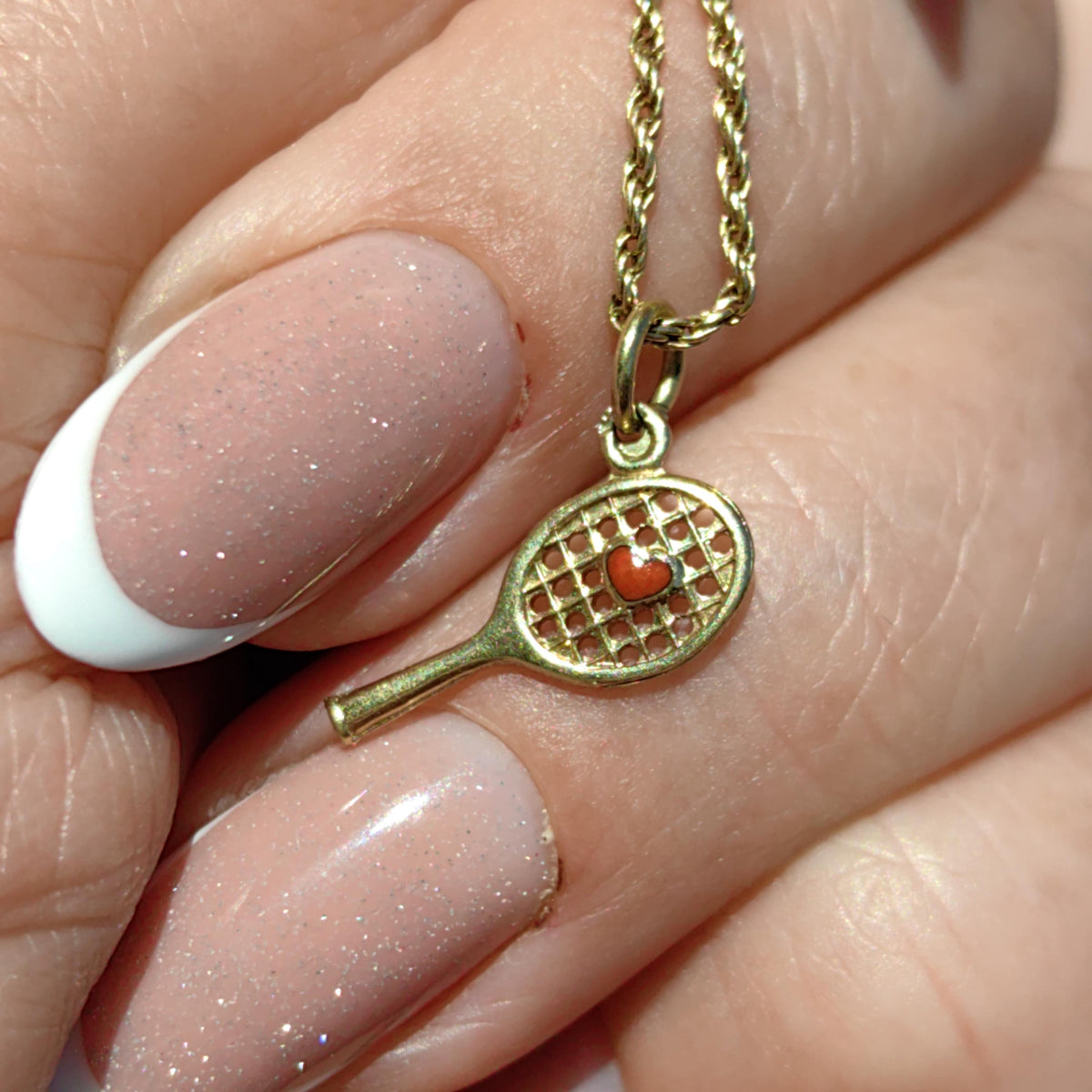 Vintage 14k Solid Yellow Gold Tennis Racket Sports Lover Necklace Pendant Red Heart Hand Painted Fire Enamel Charm Gift for Tennis Player