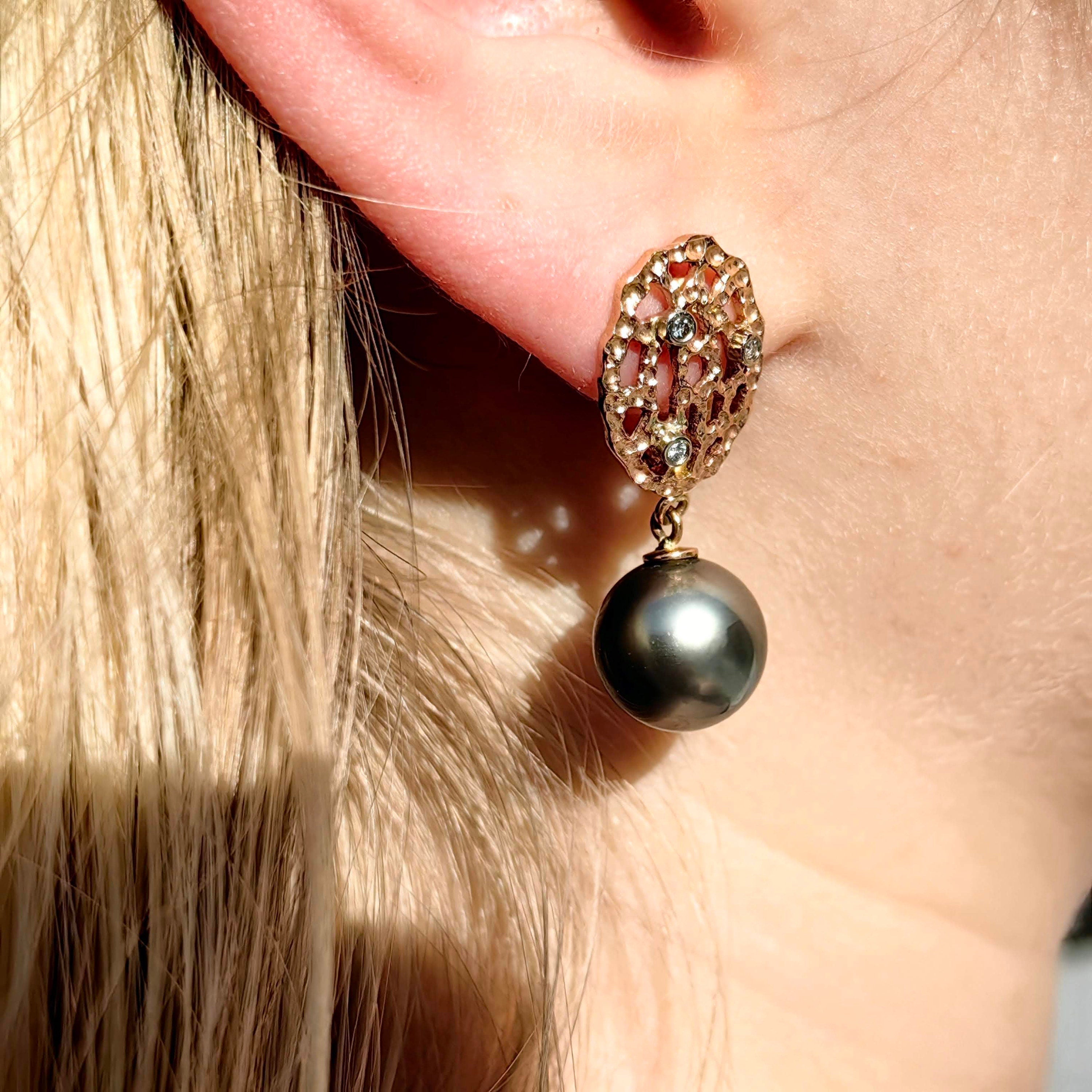 Vintage Tahitian Pearl and Diamond 14k Rose Gold Dangle Earrings